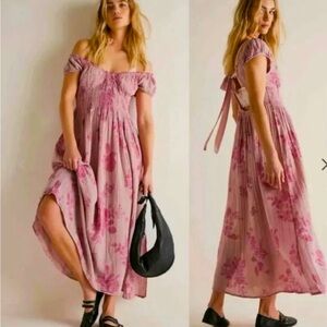 Free People Pink Maxi Dress with Sweetheart Neckline and open tie back